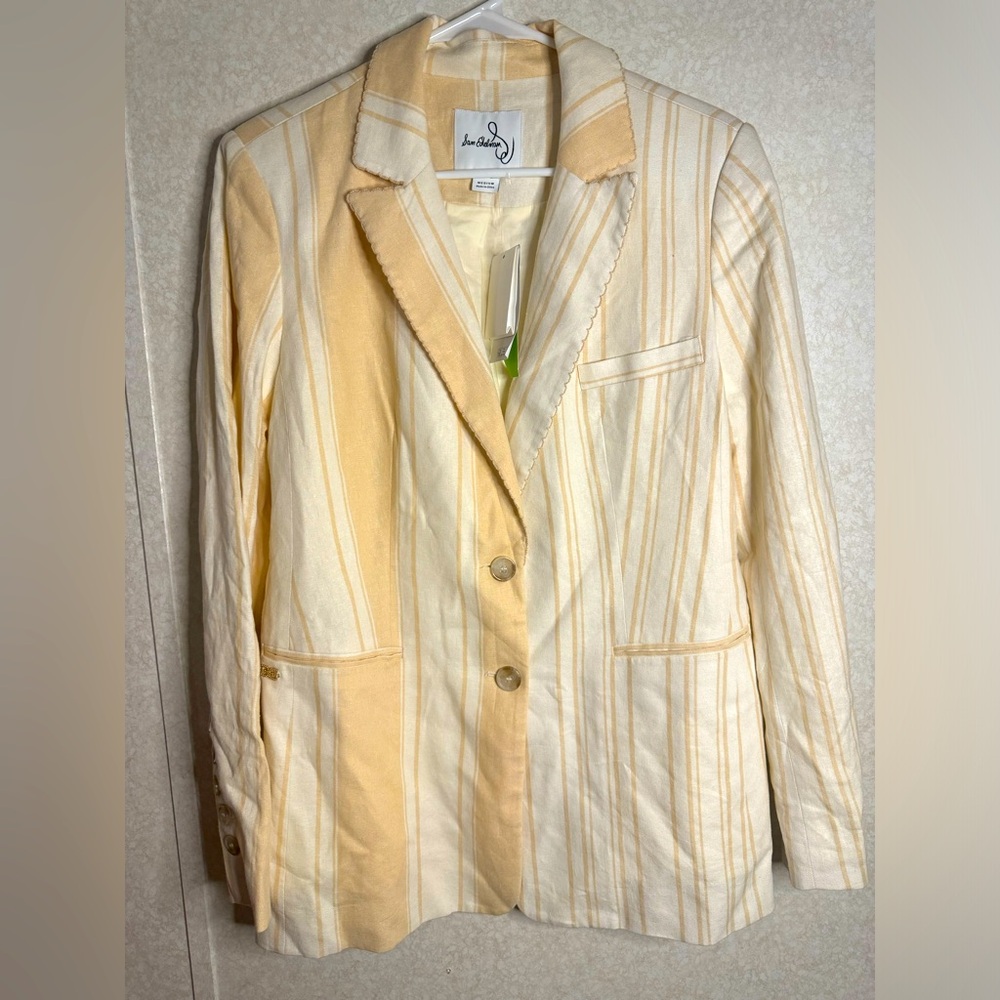 NWT Sam Edelman Arctic Wolf Stripe Two Tone Linen Blend Blazer Woman M Yellow